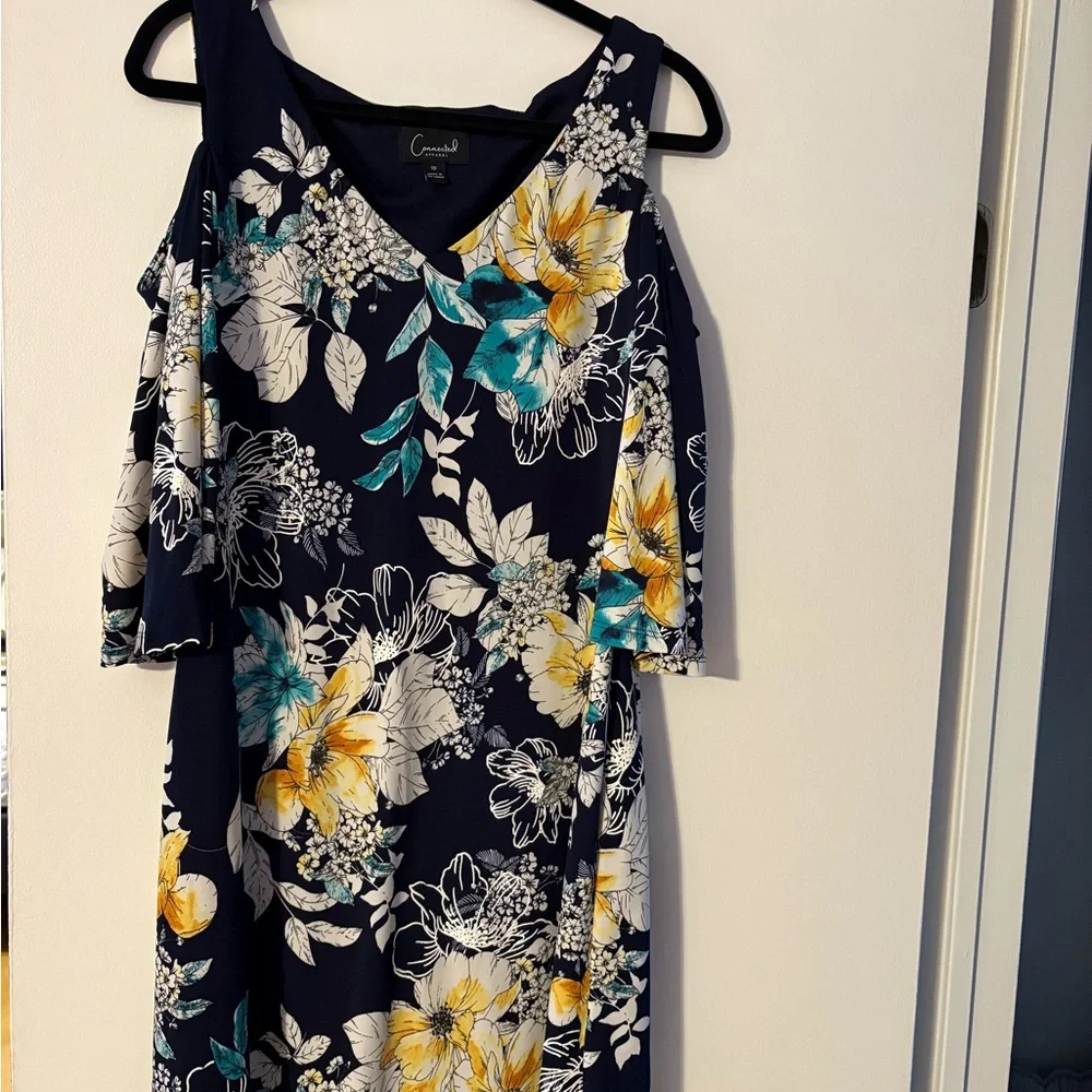 Connected Apparel Floral Asymmetrical Dress in Yellow and Teal - Picture 1 of 4